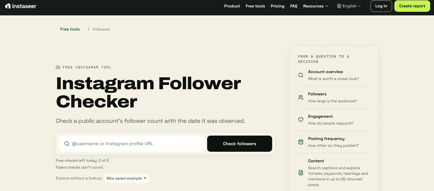 Instaseer Instagram follower checker interface with a public username field