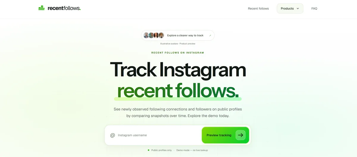 Recent Follows landing page with a public Instagram username preview field